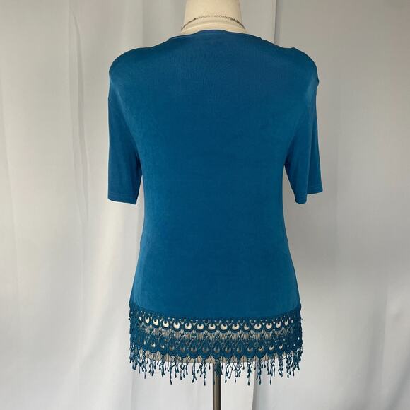 Vintage Top Size Large Blue Solid Lace Fringe Hem Boho Casual Stretch Y2K 90s - Picture 8 of 13
